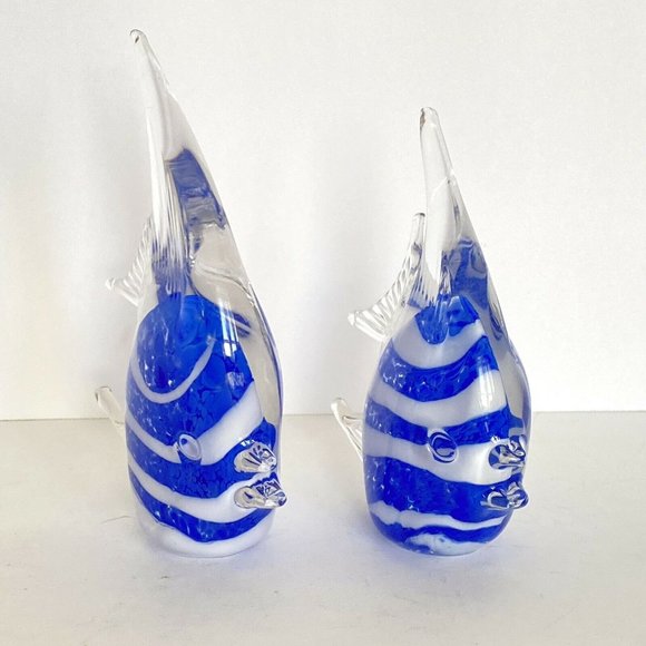 Glass Kissing Fish Sculpture Pair Blue White - Picture 2 of 9